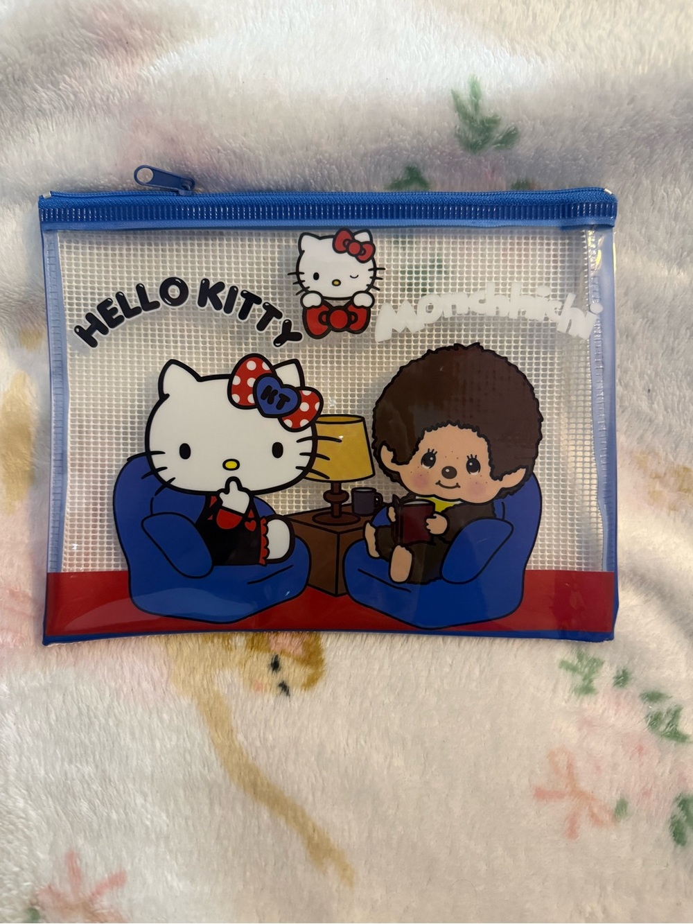 Sanrio Hello Kitty Blue and Red Clear Mesh Zip Pouch